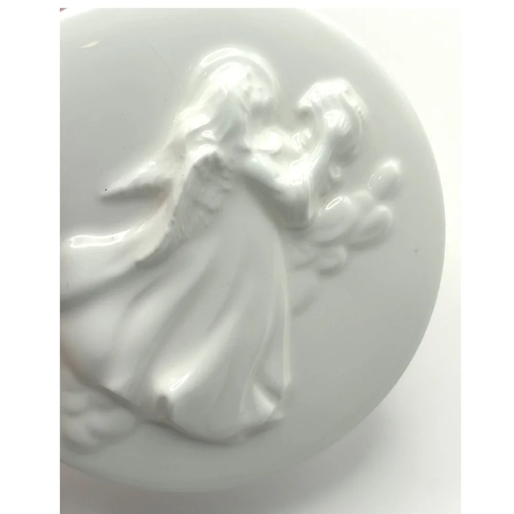 White Porcelain Angel Playing Harp Trinket Box Embossed Jewelry Box Vanity Decor